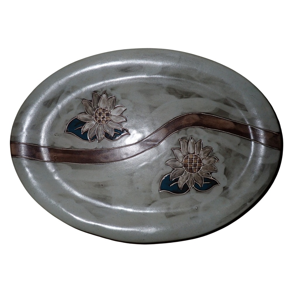 Mara Mexico Ceramic Sunflower Oval Serving Platter Handcrafted Gray 14in